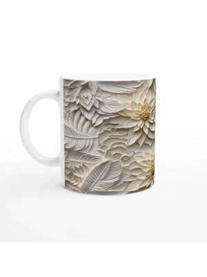 Bej Rölyef Çiçek ve Yaprak Desenli Kupa Bardak