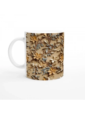 Bej Rölyef Dokulu Zarif Çiçek Desenli Kupa Bardak