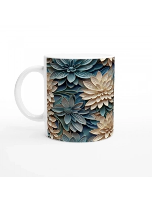 Bej ve Mavi Katmanlı Çiçekli Kupa Bardak