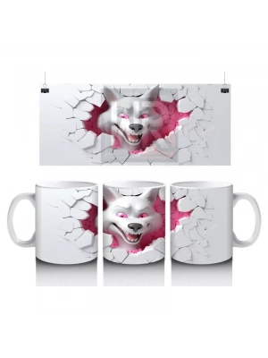 Beyaz Çatlak Zeminden Bakan Pembe Gözlü Kurt - Baskılı kahve kupası