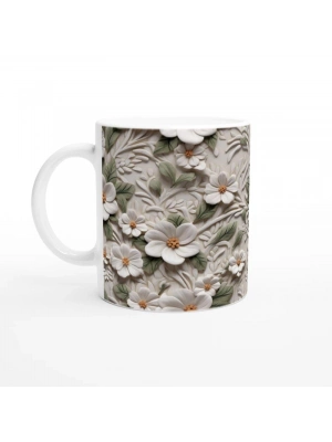 Beyaz Çiçek Bahçesi Rölyef Kupa Bardak