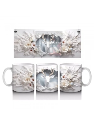 Beyaz Çiçekler Arasında Asil Geyik - Baskılı Kahve Kupası