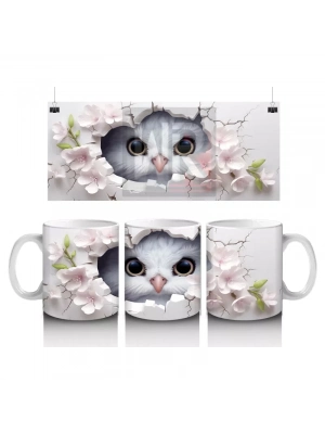 Beyaz Çiçekler Arasında Bakan Sevimli Baykuş Yüzü - Baskılı kahve kupası