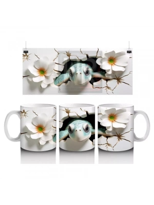 Beyaz Çiçekler Arasında Bakan Sevimli Kaplumbağa – Baskılı Kahve Kupası