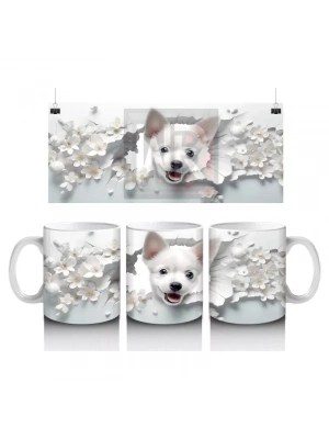 Beyaz Çiçekler Arasında Gülümseyen Yavru Köpek – Baskılı Kupa