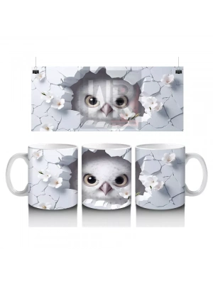 Beyaz Çiçekler Arasında Keskin Gözlü Baykuş – Baskılı Kahve Kupası