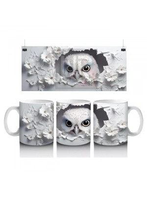 Beyaz Çiçekler Arasında Mavi Gözlü Baykuş – Baskılı Kahve Kupası