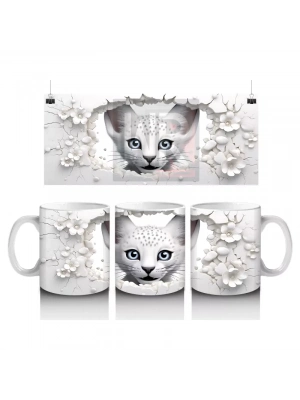 Beyaz Çiçekler Arasında Mavi Gözlü Kedi – Baskılı Kahve Kupası