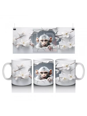 Beyaz Çiçekler Arasında Meraklı Maymun Figürü - Baskılı kahve kupası