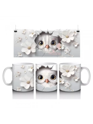 Beyaz Çiçekler Arasında Parlak Gözlü Baykuş – Baskılı Kahve Kupası