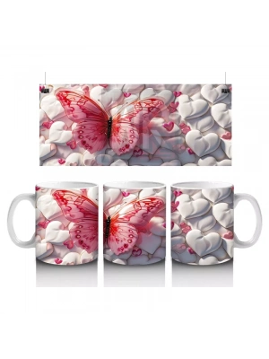 Beyaz Çiçekler Arasında Pembe Kelebek – Baskılı Kahve Kupası