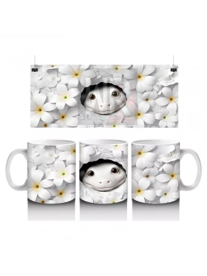Beyaz Çiçekler Arasında Saklanan Sevimli Yüz Figürü - Baskılı kahve kupası