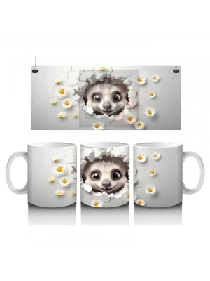 Beyaz Çiçekler Arasında Sevimli Kirpi – Baskılı Kahve Kupası