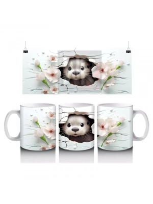 Beyaz Çiçekler Arasında Sevimli Su Samuru – Baskılı Kahve Kupası