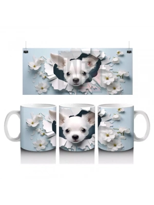 Beyaz Çiçekler Arasında Şirin Chihuahua – Baskılı Kahve Kupası