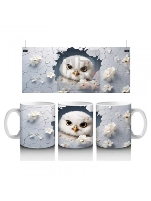 Beyaz Çiçekler Üzerinde Dikkatli Baykuş – Baskılı Kahve Kupası