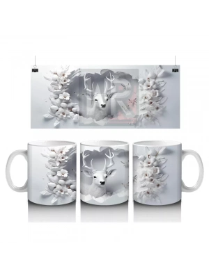 Beyaz Çiçekler ve Dallar Arasında Bakan Geyik – Baskılı Kahve Kupası