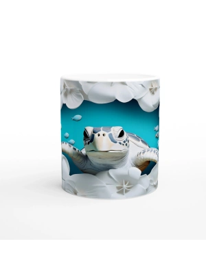 Beyaz Çiçekler ve Mavi Balıklar Arasında Deniz Kaplumbağası Kupa Bardak