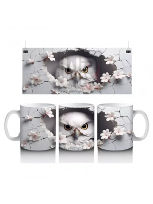 Beyaz Çiçeklerle Süslenmiş Baykuş – Baskılı Kahve Kupası