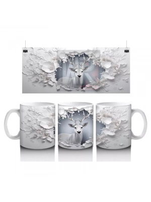 Beyaz Çiçeklerle Süslenmiş Çatlak Zeminden Bakan Geyik - Baskılı kahve kupası