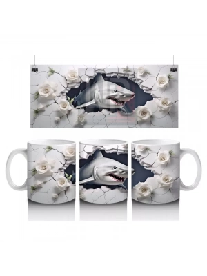Beyaz Çiçeklerle Süslenmiş Çatlak Zeminden Bakan Köpekbalığı - Baskılı kahve kupası