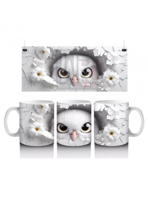 Beyaz Çiçeklerle Süslenmiş Çatlakta Sevimli Baykuş – Baskılı Kahve Kupası