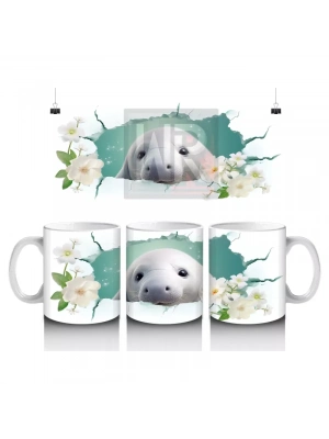 Beyaz Çiçeklerle Süslenmiş Sevimli Fok – Baskılı Kahve Kupası