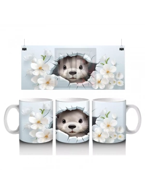 Beyaz Çiçeklerle Süslenmiş Sevimli Su Samuru – Baskılı Kahve Kupası