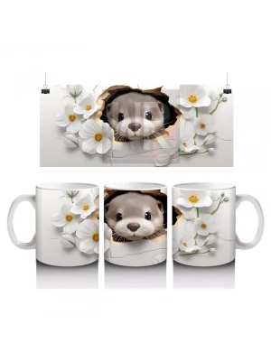 Beyaz Çiçeklerle Süslenmiş Tatlı Su Samuru – Baskılı Kahve Kupası