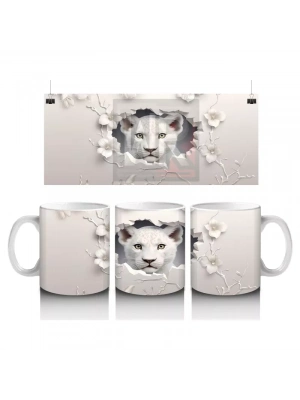 Beyaz Çiçekli Çatlakta Bakan Sevimli Kaplan – Baskılı Kahve Kupası
