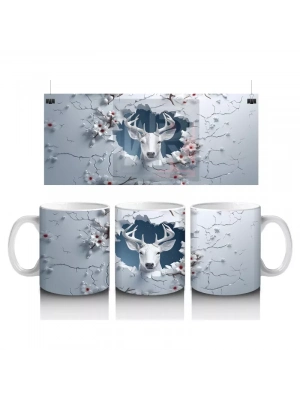 Beyaz Çiçekli Dallar Üzerinde Geyik – Baskılı Kahve Kupası