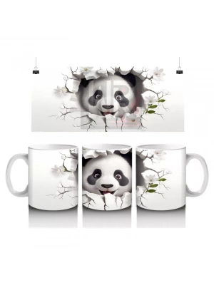 Beyaz Çiçekli Fon Üzerinde Tatlı Panda – Baskılı Kahve Kupası