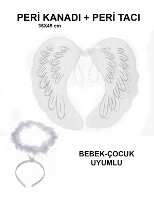 Beyaz Dantel Tüllü Peri Kanadı Ve Peri Tacı Seti 45x40 Cm
