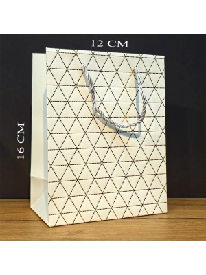 Beyaz Geometrik Desenli Mini Boy Karton Hediye Çantası