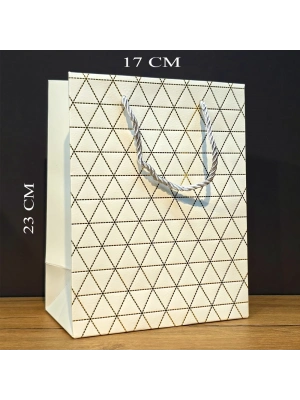Beyaz Geometrik Desenli Orta Boy Karton Hediye Çantası