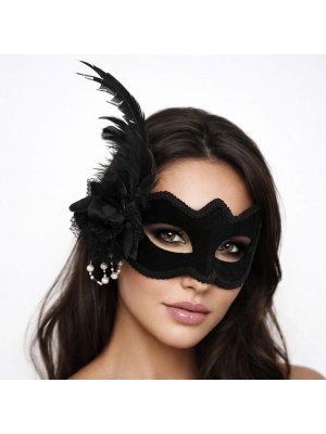 Beyaz İnci Detaylı Siyah Süet Venedik Kadın Maskesi Tüylü Güllü