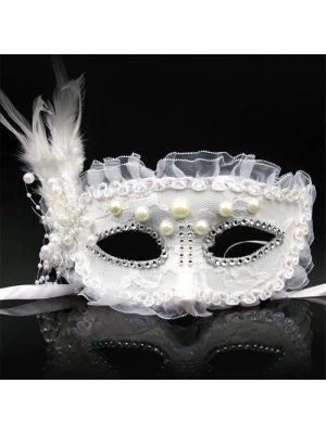 Beyaz İnci Taşlı Parti Maskesi