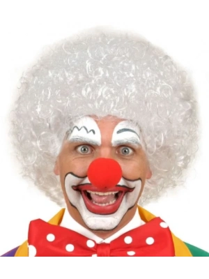 Beyaz Kıvırcık Afro Peruk ve Kırmızı Sünger Burun Seti