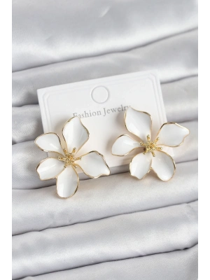 Beyaz Mineli Çiçek Model Pirinç Kadın Küpe