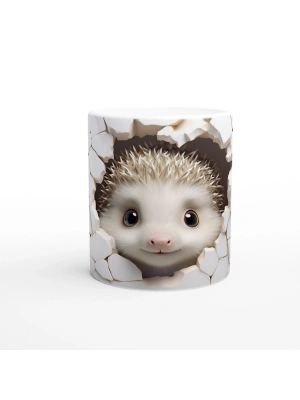 Beyaz Mozaik Duvardan Bakan Kirpi Temalı Baskılı Kupa Bardak