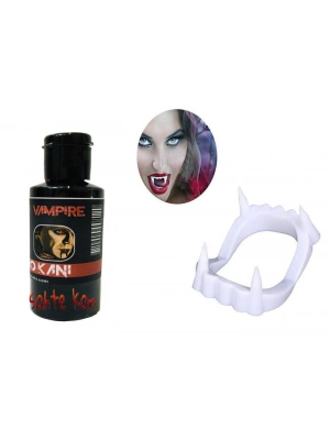 Beyaz Renk Çift Damak Takma Vampir Dişi ve 50 gr Tiyatro Kanı Set