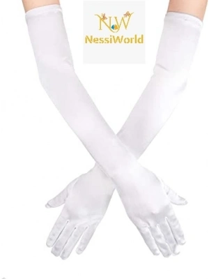 Beyaz Renk Dirseğe Kadar Uzun Kumaş Eldiven 40 cm