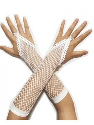 Beyaz Renk Parmak Arası File Örgü Eldiven 26 Cm