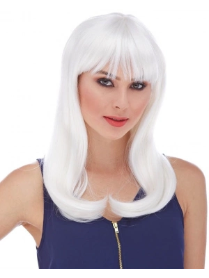 Beyaz Renk Uzun Düz Parti Peruğu