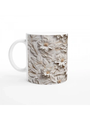 Beyaz Rölyef Çiçek Desenli Kupa Bardak