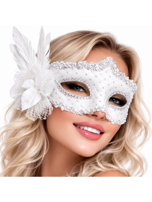 ® Beyaz Tüylü Venedik Lüks Balo Maskesi
