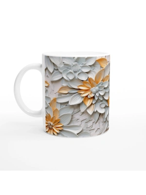 Beyaz ve Altın Detaylı Lüks Çiçek Desenli Kupa Bardak