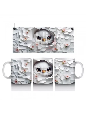 Beyaz Yapraklar Arasında Göz Alıcı Baykuş – Baskılı Kahve Kupası