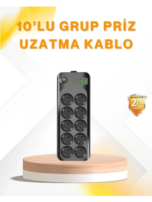 ® 10’lu Çoklu Priz Termal Korumalı USB Type-C Çıkışlı 2500W Uzatma Kablosu