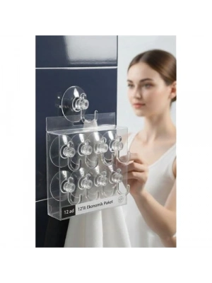 ® 12li Şeffaf Askılı Vantuz Kanca | Banyo & Mutfak Duvar Askısı (4cm) - 1.36kg Taşıma